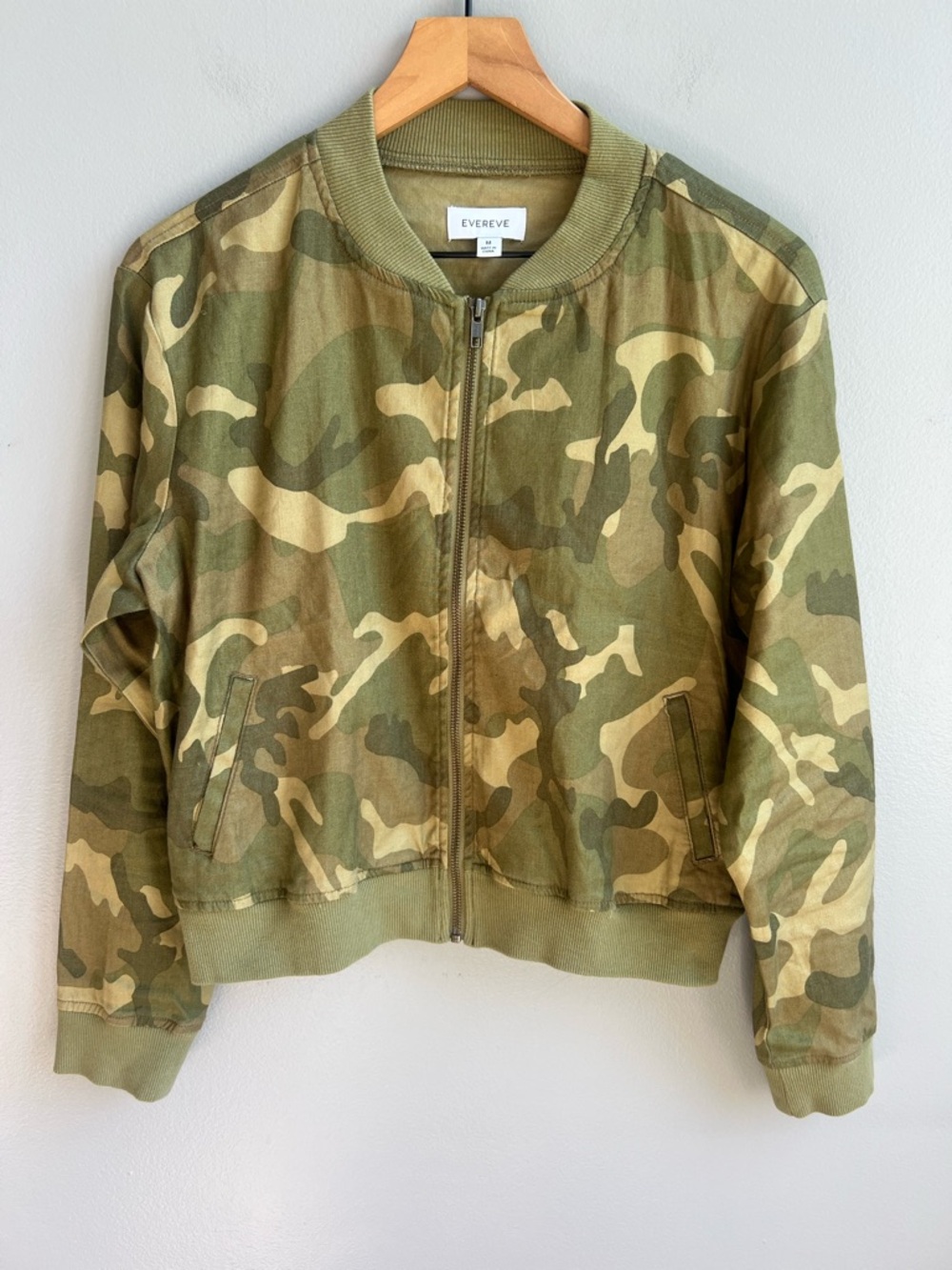Evereve Rocco Bomber Jacket Green Camo Linen Blend Full Zip Lightweight Medium
